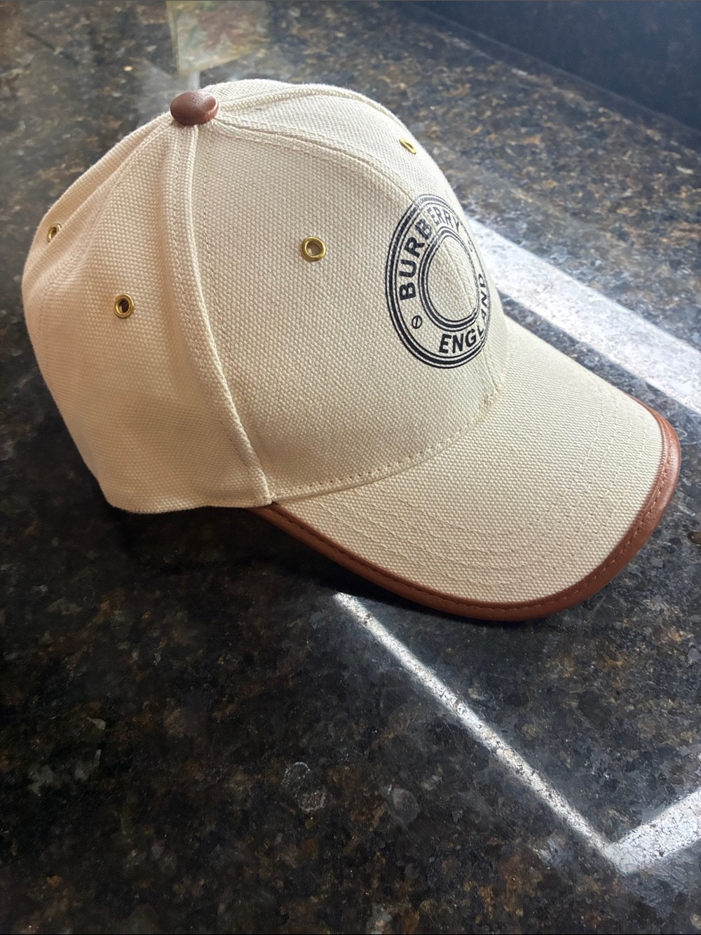 Burberry Cream Canvas Baseball Cap with Brown Trim and Logo